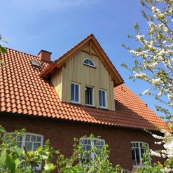 Sorgfältige Arbeit einer Zimmerei am Giebel eines Hauses, gezeigt mit natürlicher Holzverkleidung unter einem klassischen Ziegeldach, umgeben von blühenden Bäumen.