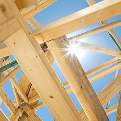 Die Sonne scheint durch das komplexe Geflecht eines Holzdachstuhls, ein Beispiel für die detailreiche Arbeit einer Zimmerei.